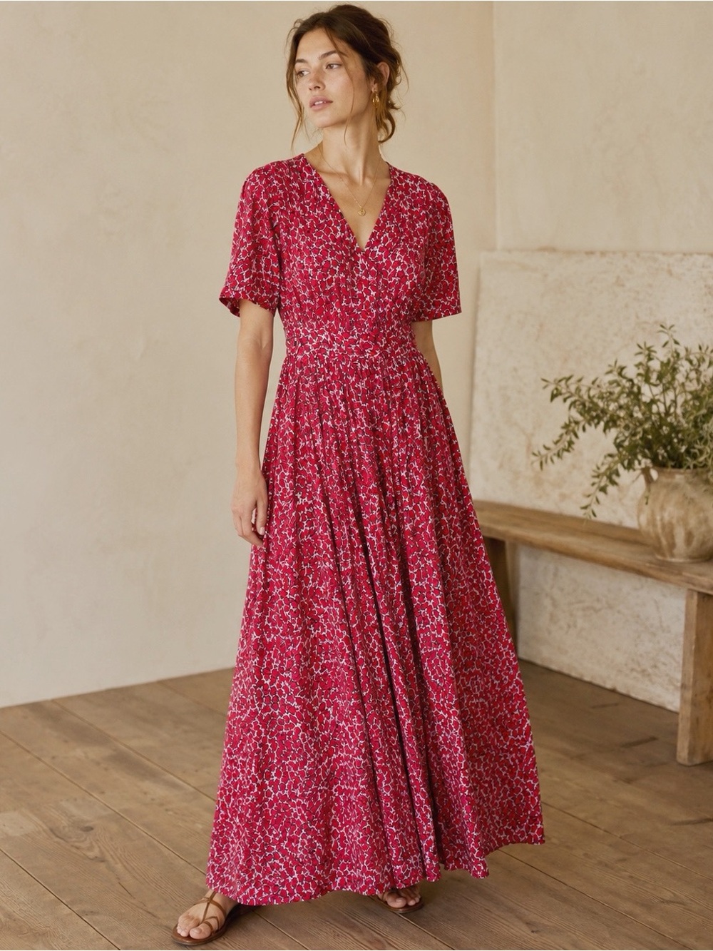 NWT See U Soon Woman Red Dainty V-Neck Maxi Dress MEDIUM Cottagecore Milkmaid